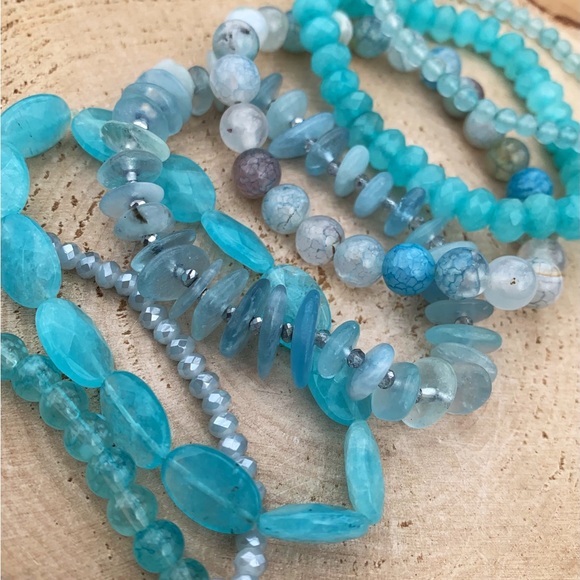 Natural Blue Aquamarine, Azure Amazonite & Agate Gemstone Beads Bracelet Stack - Picture 10 of 12
